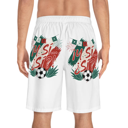 Men's Board Shorts — "¡Sí… Sí?!" Mexican Soccer Celebration Swim Trunks