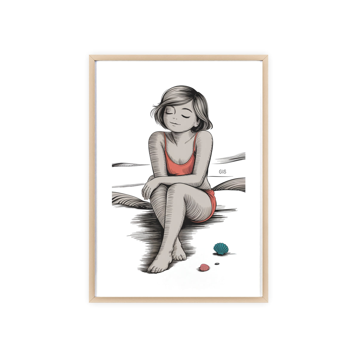 Beach Girl Illustration Poster with Wooden Frame — Relaxed Summer Wall Art