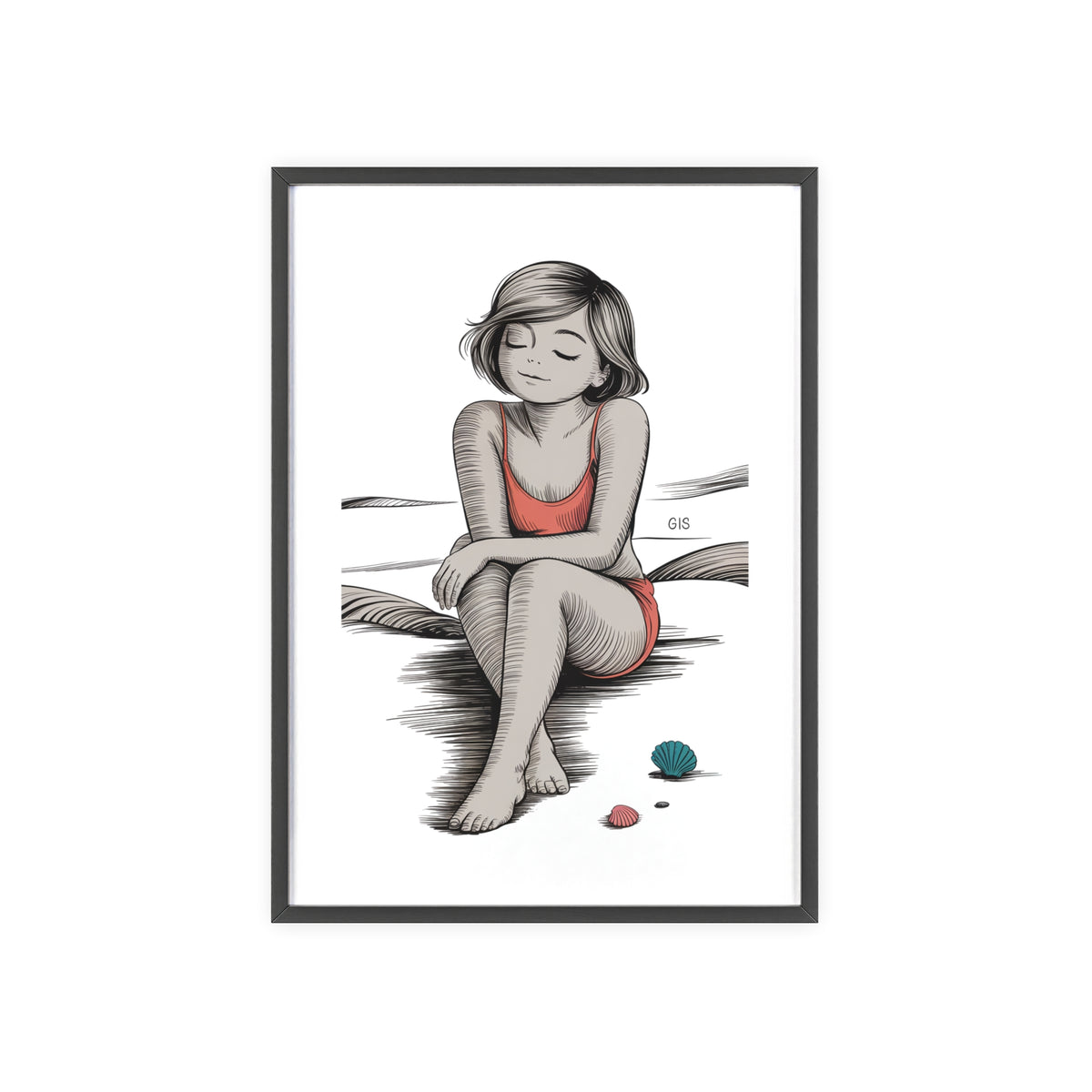 Beach Girl Illustration Poster with Wooden Frame — Relaxed Summer Wall Art