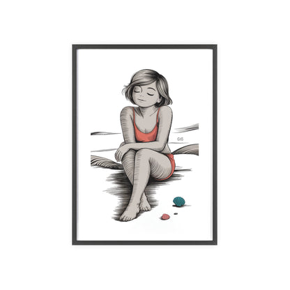 Beach Girl Illustration Poster with Wooden Frame — Relaxed Summer Wall Art