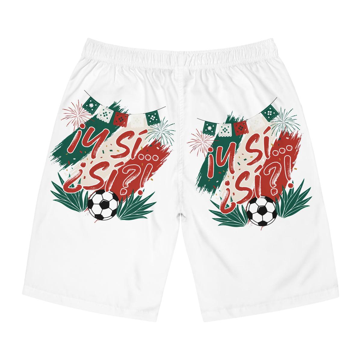Men's Board Shorts — "¡Sí… Sí?!" Mexican Soccer Celebration Swim Trunks