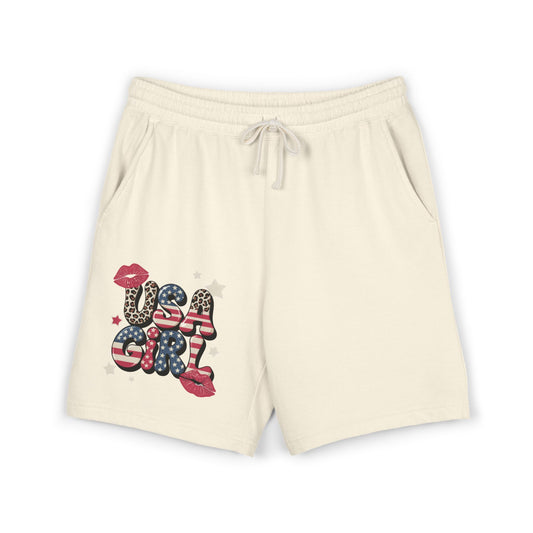 USA Girl Fleece Sweat Shorts — Vintage Flag Graphic Lounge Shorts