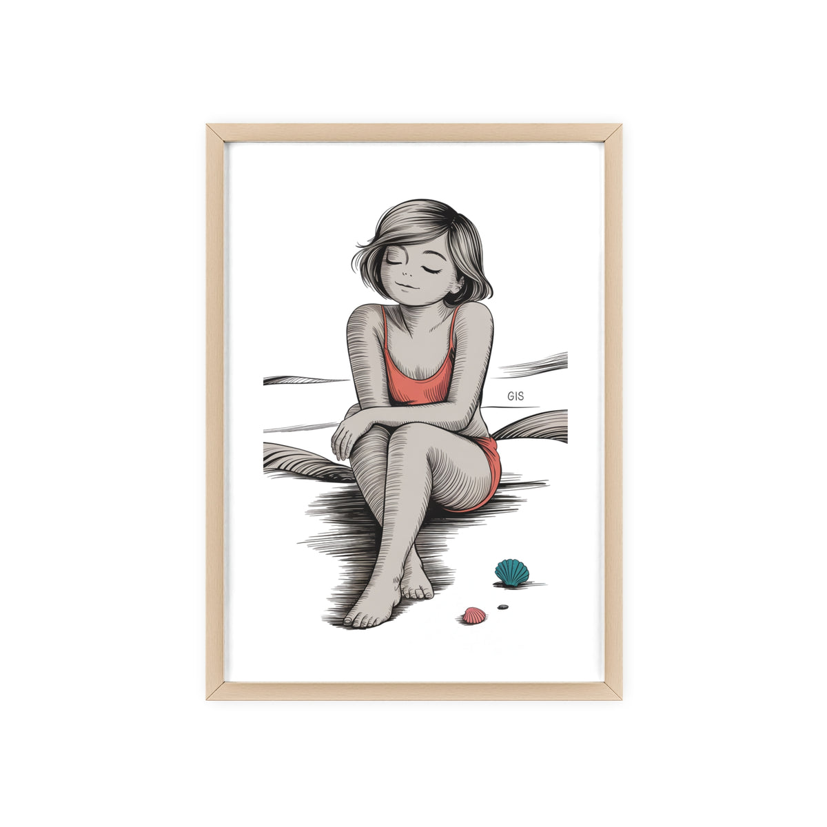 Beach Girl Illustration Poster with Wooden Frame — Relaxed Summer Wall Art