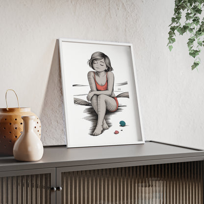 Beach Girl Illustration Poster with Wooden Frame — Relaxed Summer Wall Art