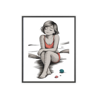Beach Girl Illustration Poster with Wooden Frame — Relaxed Summer Wall Art