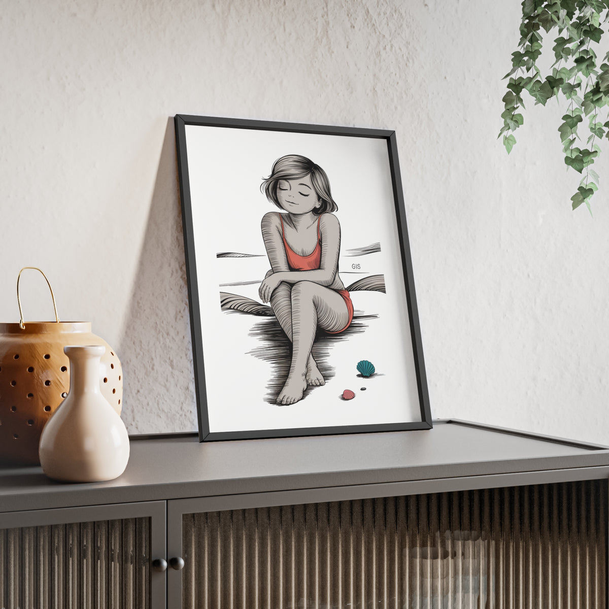 Beach Girl Illustration Poster with Wooden Frame — Relaxed Summer Wall Art