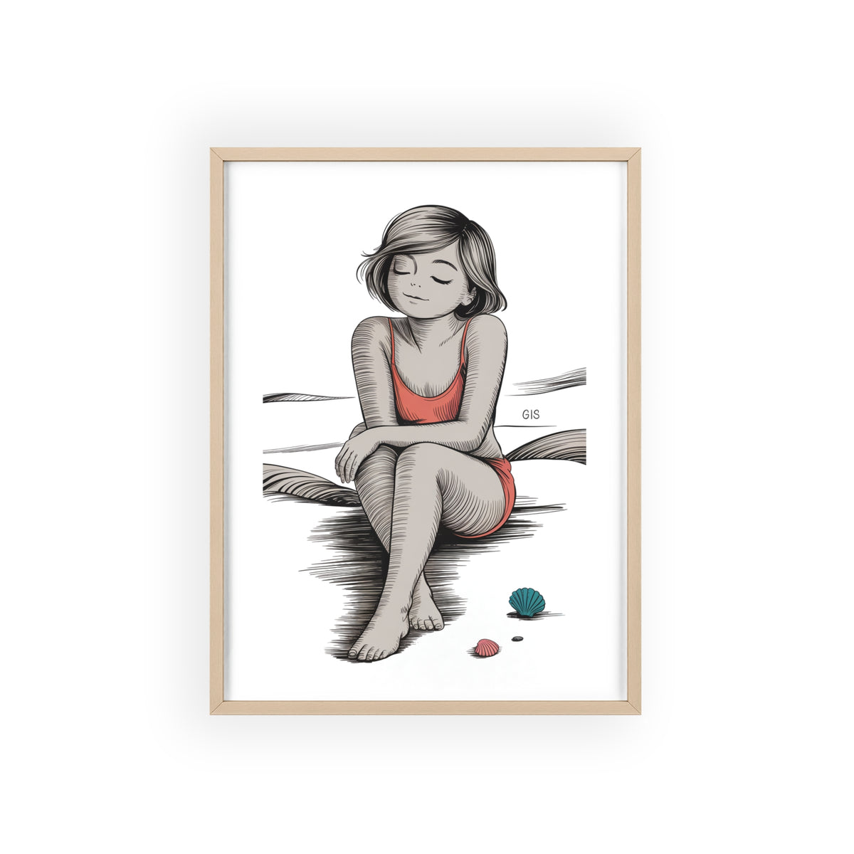 Beach Girl Illustration Poster with Wooden Frame — Relaxed Summer Wall Art