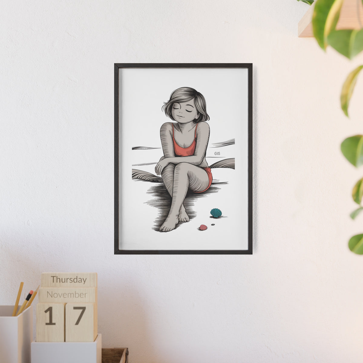 Beach Girl Illustration Poster with Wooden Frame — Relaxed Summer Wall Art