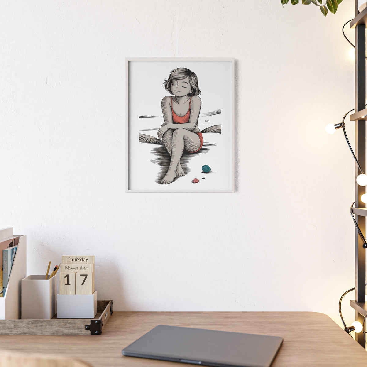 Beach Girl Illustration Poster with Wooden Frame — Relaxed Summer Wall Art