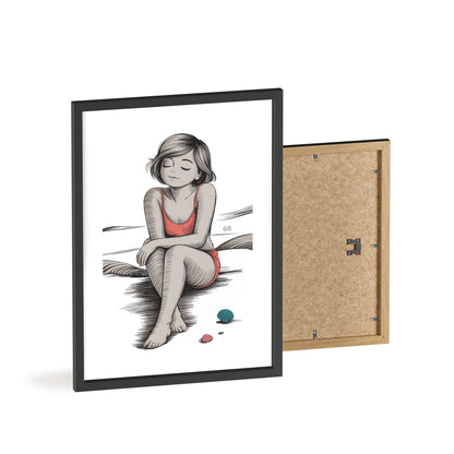 Beach Girl Illustration Poster with Wooden Frame — Relaxed Summer Wall Art
