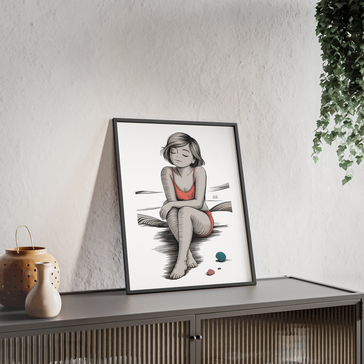 Beach Girl Illustration Poster with Wooden Frame — Relaxed Summer Wall Art