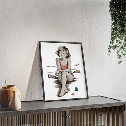 Beach Girl Illustration Poster with Wooden Frame — Relaxed Summer Wall Art