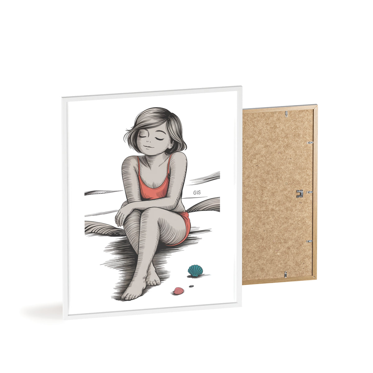 Beach Girl Illustration Poster with Wooden Frame — Relaxed Summer Wall Art