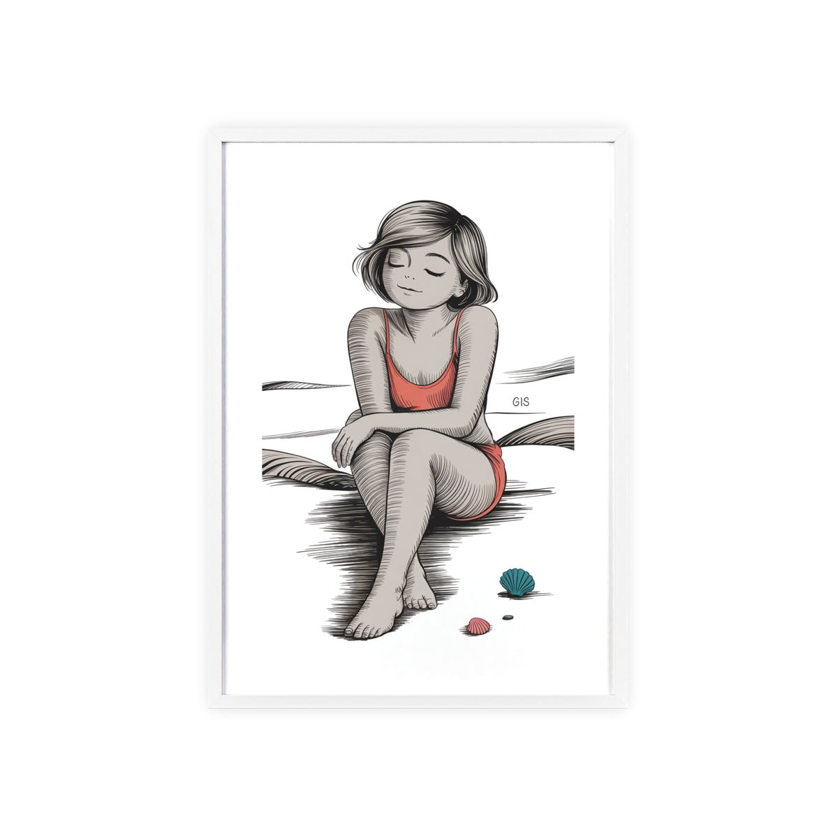 Beach Girl Illustration Poster with Wooden Frame — Relaxed Summer Wall Art