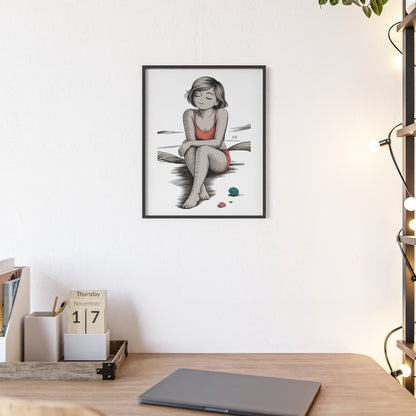 Beach Girl Illustration Poster with Wooden Frame — Relaxed Summer Wall Art