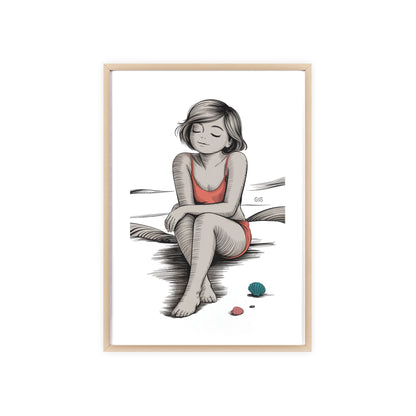 Beach Girl Illustration Poster with Wooden Frame — Relaxed Summer Wall Art