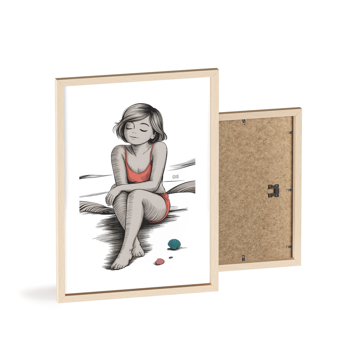 Beach Girl Illustration Poster with Wooden Frame — Relaxed Summer Wall Art