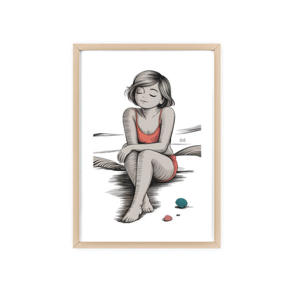 Beach Girl Illustration Poster with Wooden Frame — Relaxed Summer Wall Art