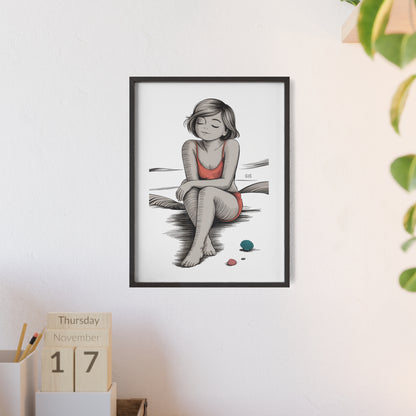 Beach Girl Illustration Poster with Wooden Frame — Relaxed Summer Wall Art