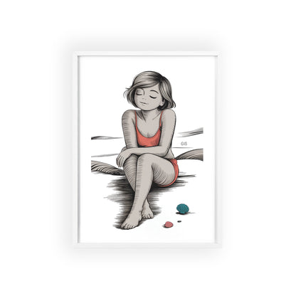 Beach Girl Illustration Poster with Wooden Frame — Relaxed Summer Wall Art