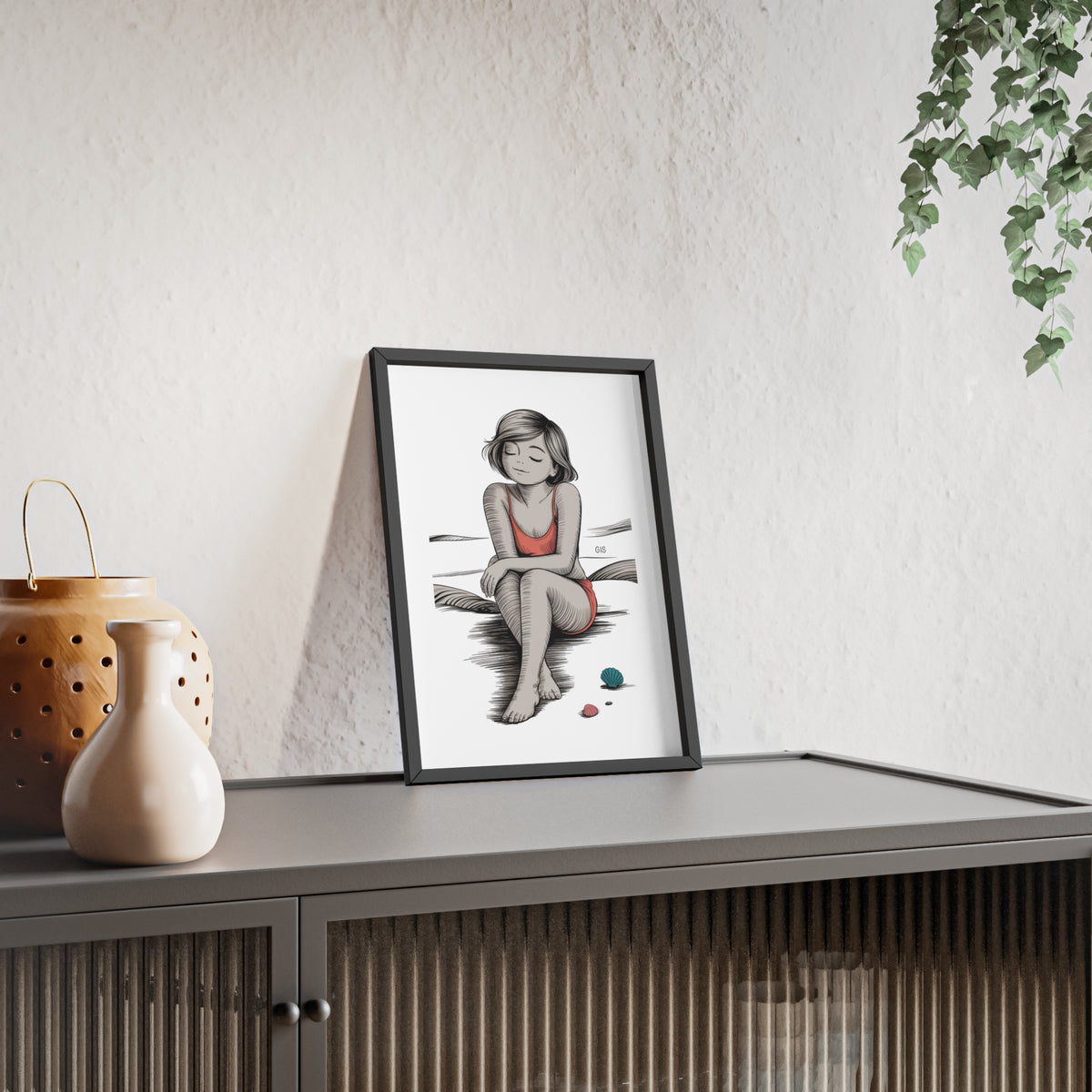 Beach Girl Illustration Poster with Wooden Frame — Relaxed Summer Wall Art