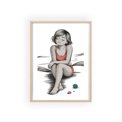 Beach Girl Illustration Poster with Wooden Frame — Relaxed Summer Wall Art