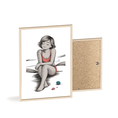 Beach Girl Illustration Poster with Wooden Frame — Relaxed Summer Wall Art