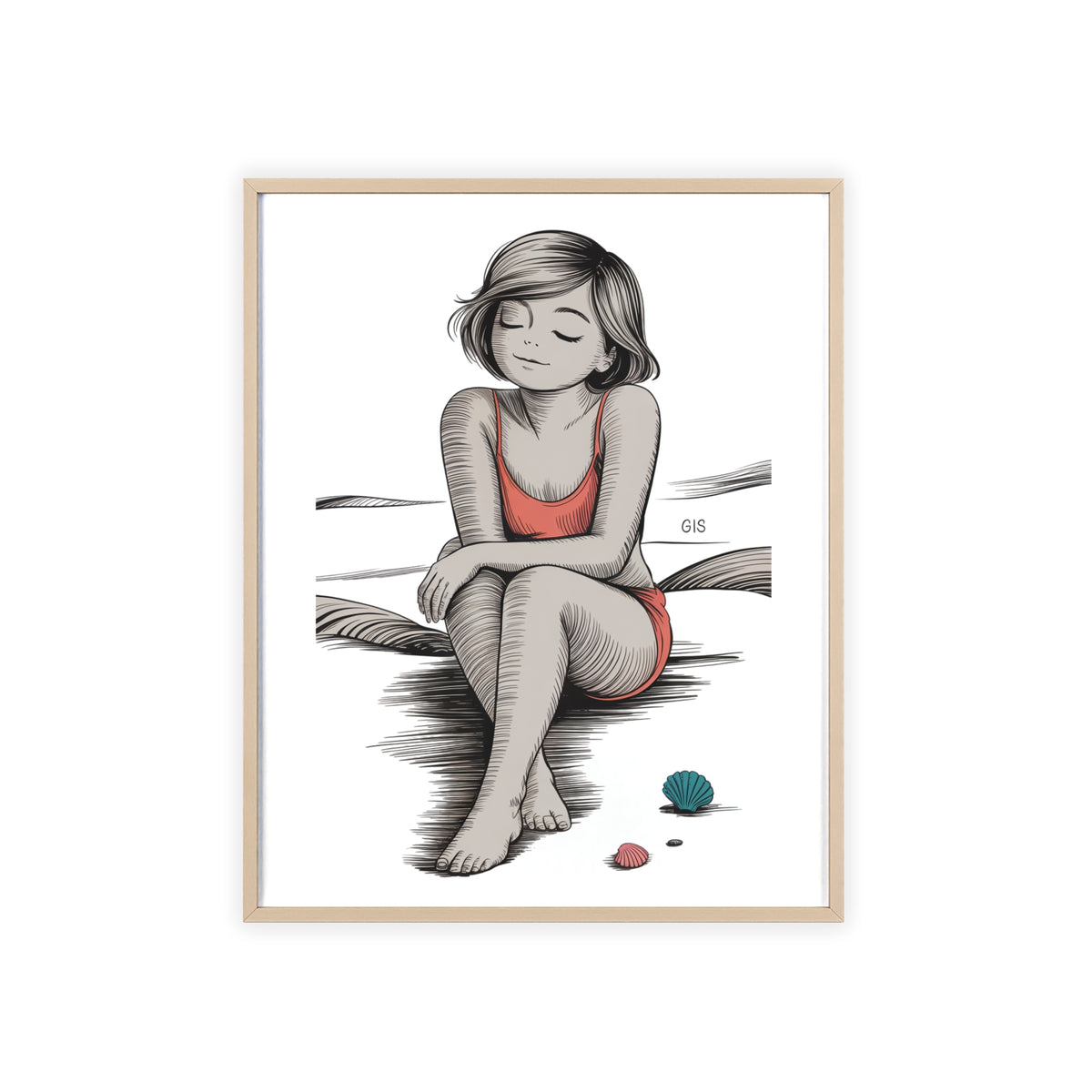Beach Girl Illustration Poster with Wooden Frame — Relaxed Summer Wall Art