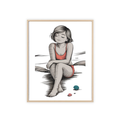 Beach Girl Illustration Poster with Wooden Frame — Relaxed Summer Wall Art