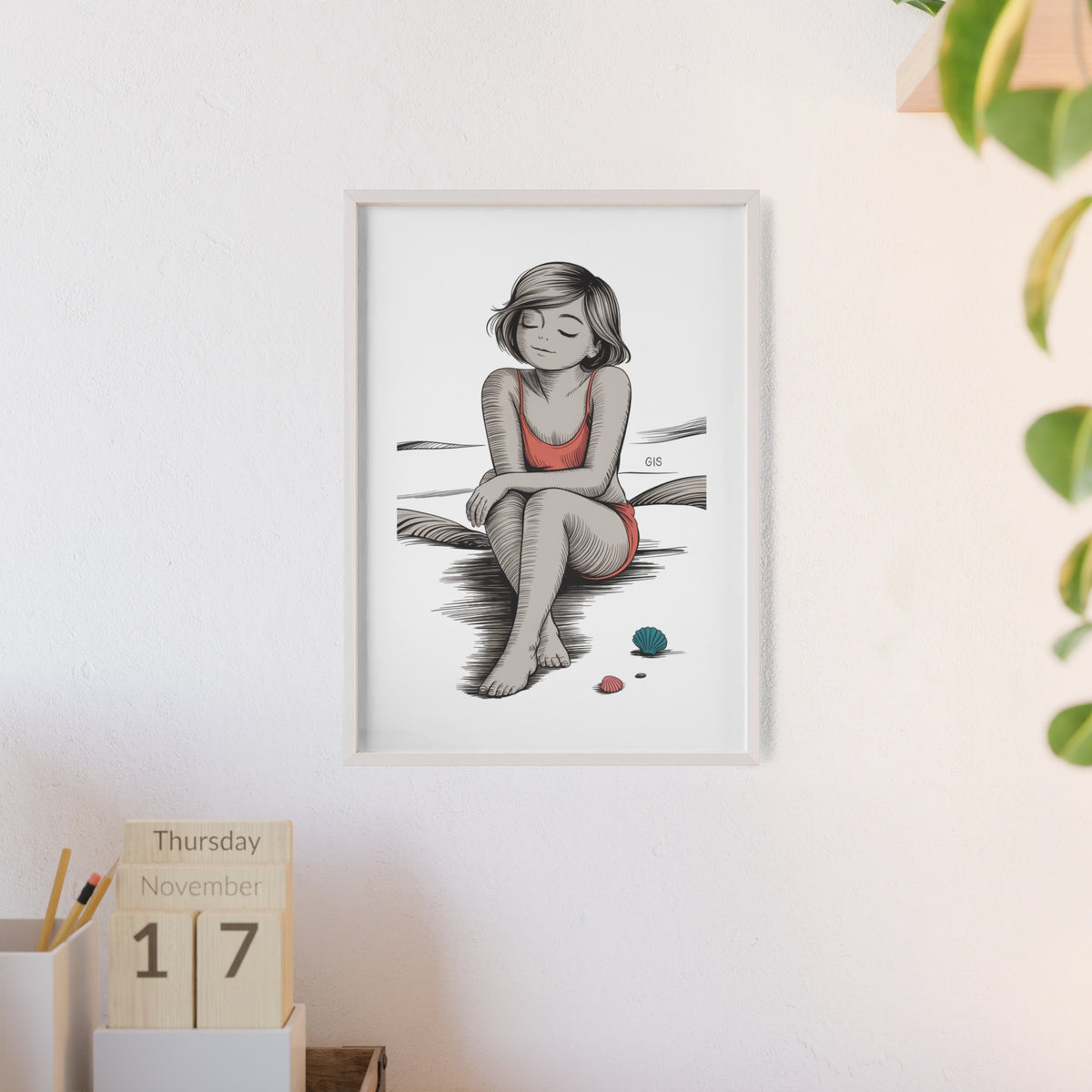 Beach Girl Illustration Poster with Wooden Frame — Relaxed Summer Wall Art