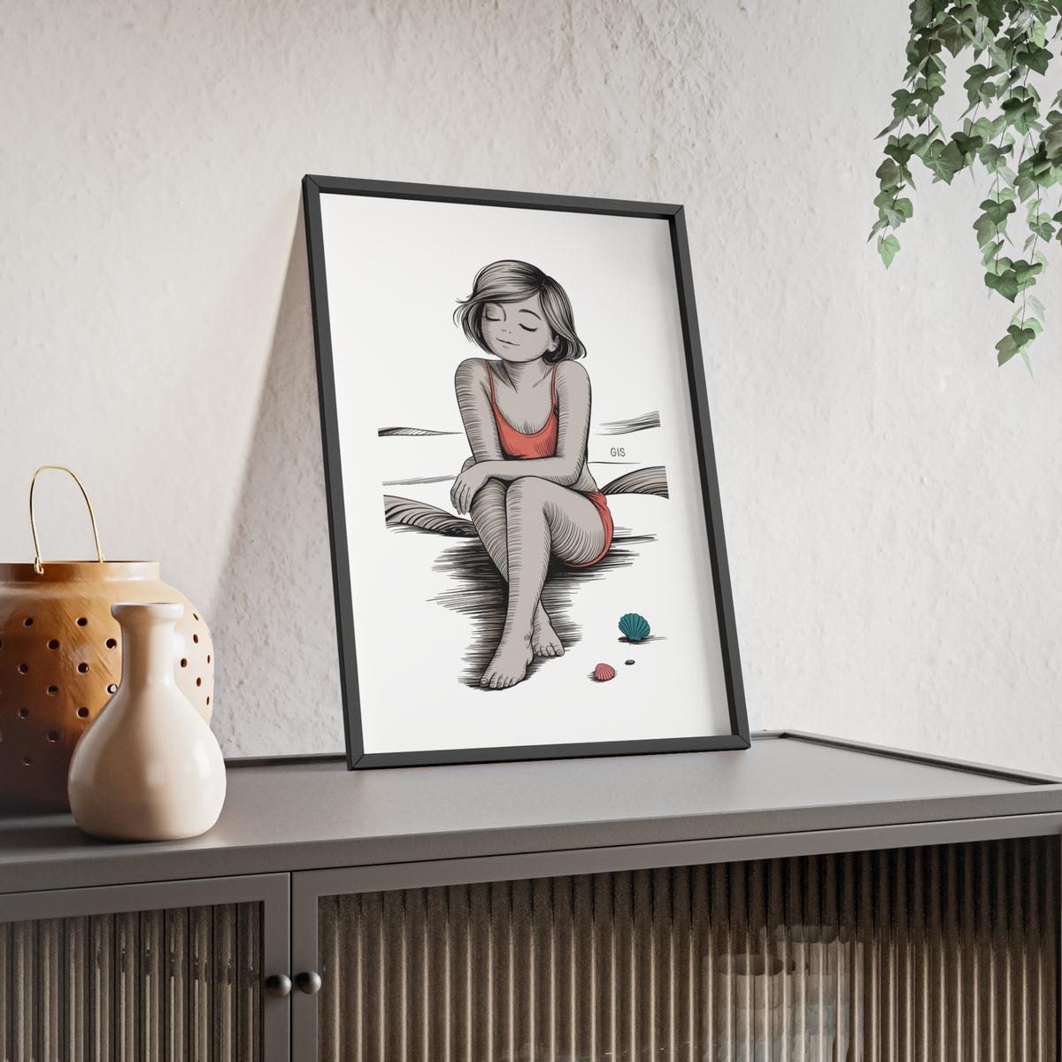Beach Girl Illustration Poster with Wooden Frame — Relaxed Summer Wall Art