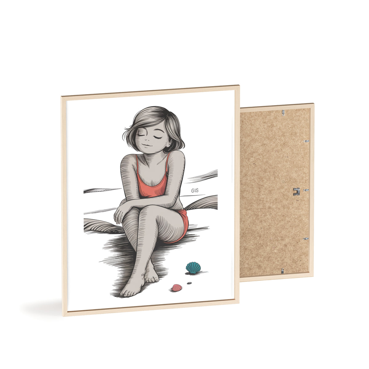 Beach Girl Illustration Poster with Wooden Frame — Relaxed Summer Wall Art