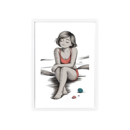 Beach Girl Illustration Poster with Wooden Frame — Relaxed Summer Wall Art