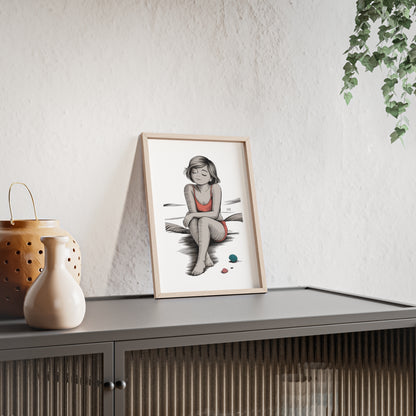Beach Girl Illustration Poster with Wooden Frame — Relaxed Summer Wall Art