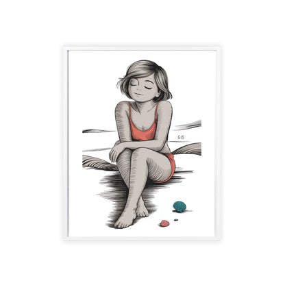 Beach Girl Illustration Poster with Wooden Frame — Relaxed Summer Wall Art