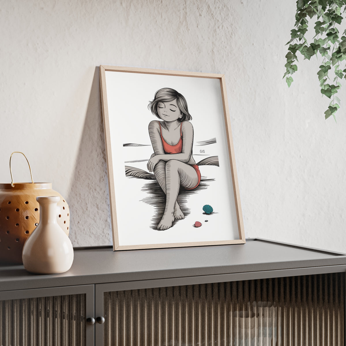 Beach Girl Illustration Poster with Wooden Frame — Relaxed Summer Wall Art