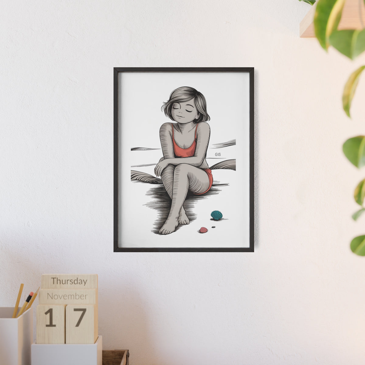 Beach Girl Illustration Poster with Wooden Frame — Relaxed Summer Wall Art