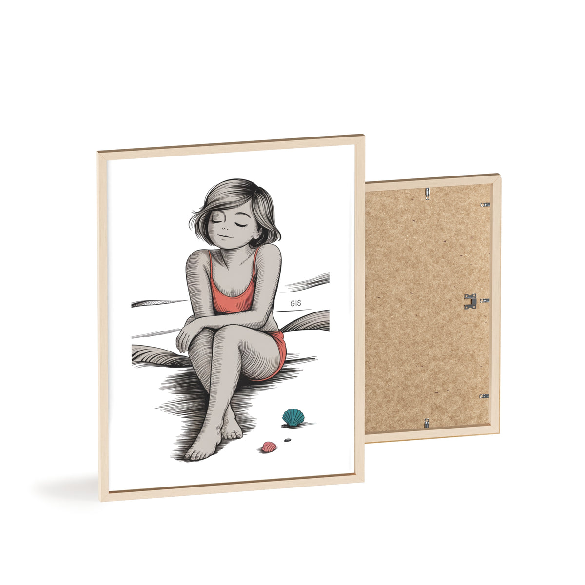 Beach Girl Illustration Poster with Wooden Frame — Relaxed Summer Wall Art