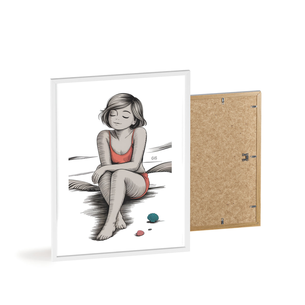 Beach Girl Illustration Poster with Wooden Frame — Relaxed Summer Wall Art