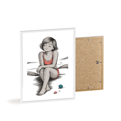 Beach Girl Illustration Poster with Wooden Frame — Relaxed Summer Wall Art