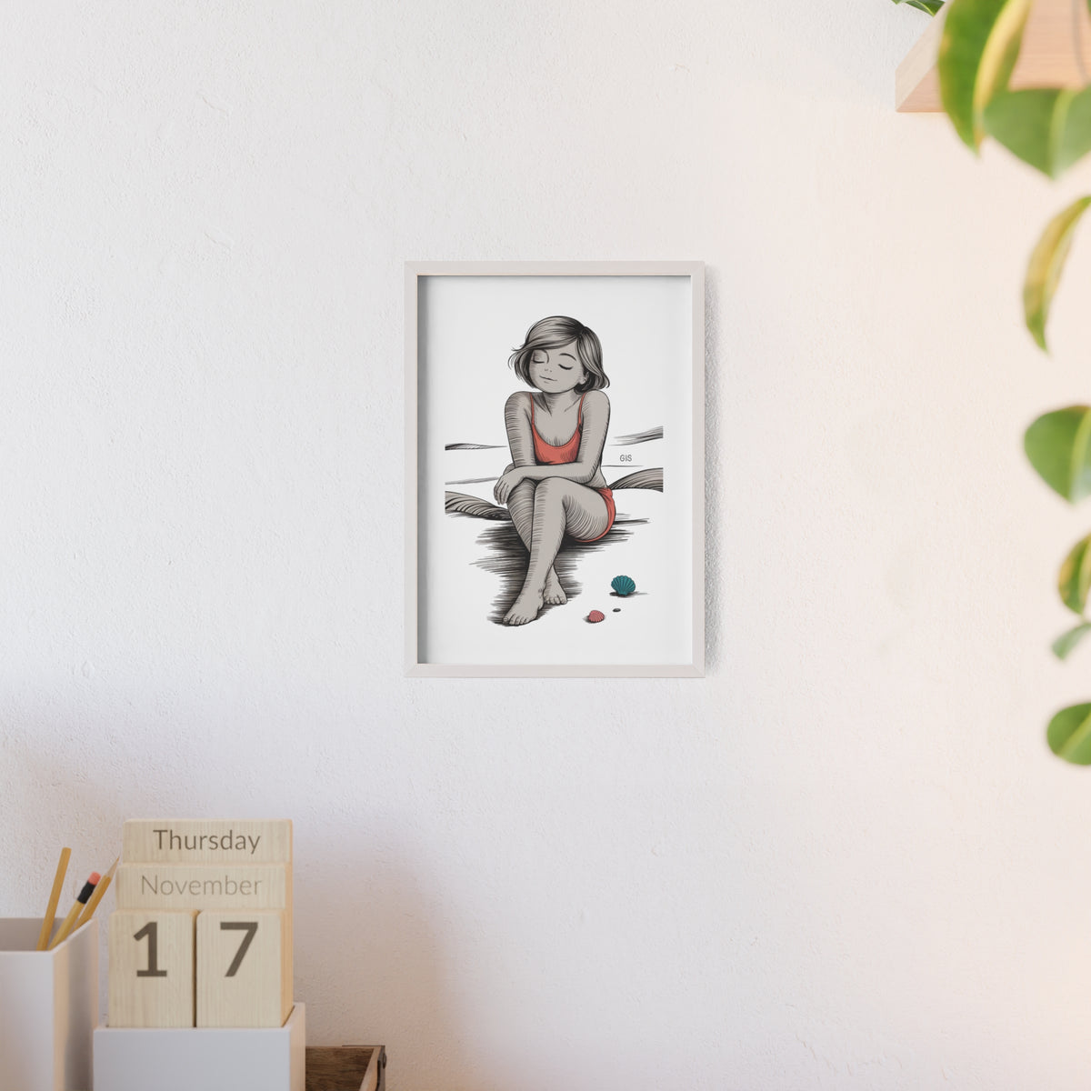 Beach Girl Illustration Poster with Wooden Frame — Relaxed Summer Wall Art