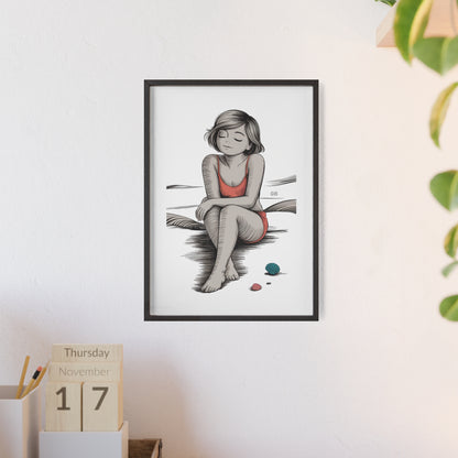Beach Girl Illustration Poster with Wooden Frame — Relaxed Summer Wall Art