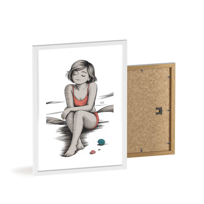 Beach Girl Illustration Poster with Wooden Frame — Relaxed Summer Wall Art