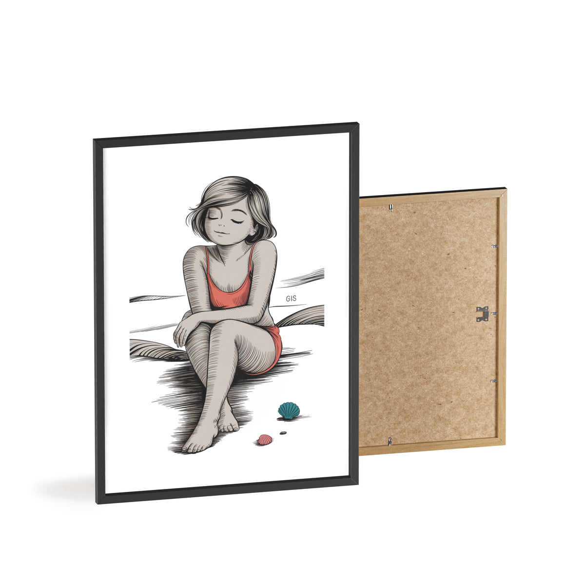 Beach Girl Illustration Poster with Wooden Frame — Relaxed Summer Wall Art