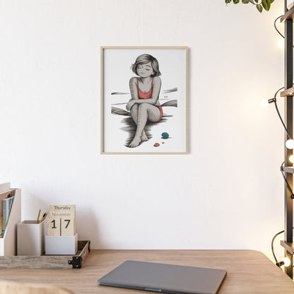 Beach Girl Illustration Poster with Wooden Frame — Relaxed Summer Wall Art
