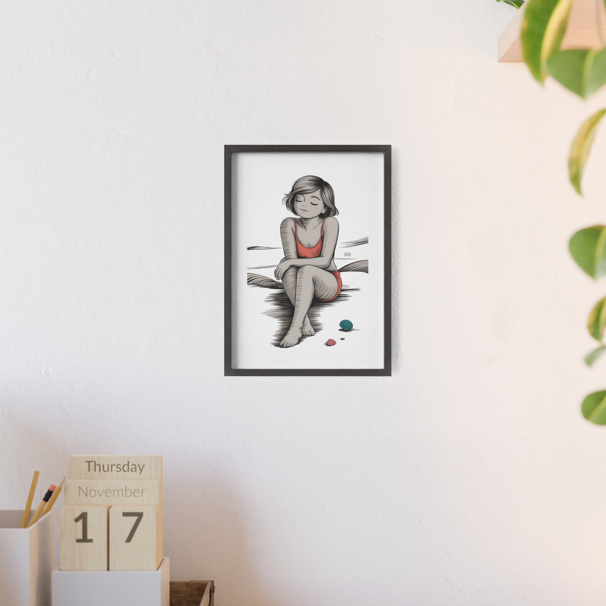 Beach Girl Illustration Poster with Wooden Frame — Relaxed Summer Wall Art
