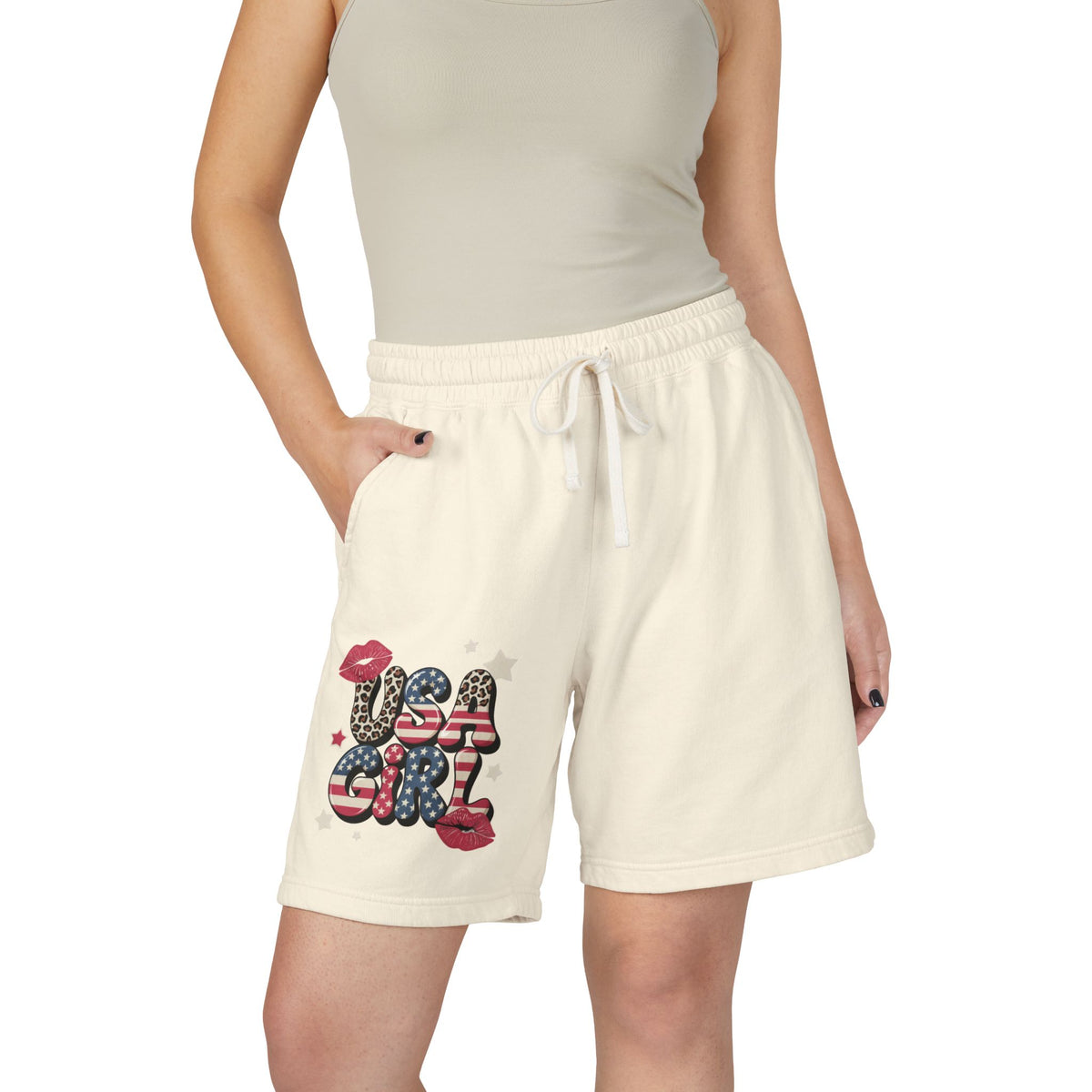 USA Girl Fleece Sweat Shorts — Vintage Flag Graphic Lounge Shorts