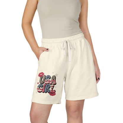 USA Girl Fleece Sweat Shorts — Vintage Flag Graphic Lounge Shorts
