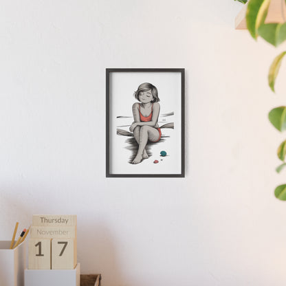 Beach Girl Illustration Poster with Wooden Frame — Relaxed Summer Wall Art