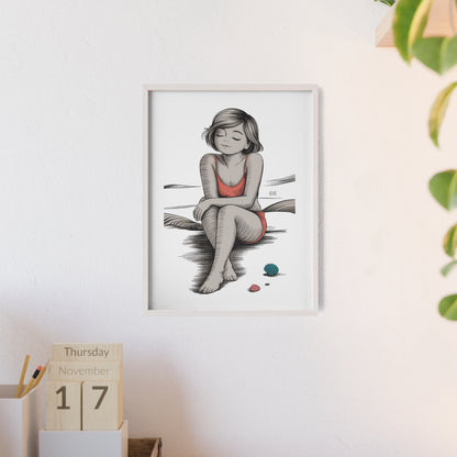 Beach Girl Illustration Poster with Wooden Frame — Relaxed Summer Wall Art